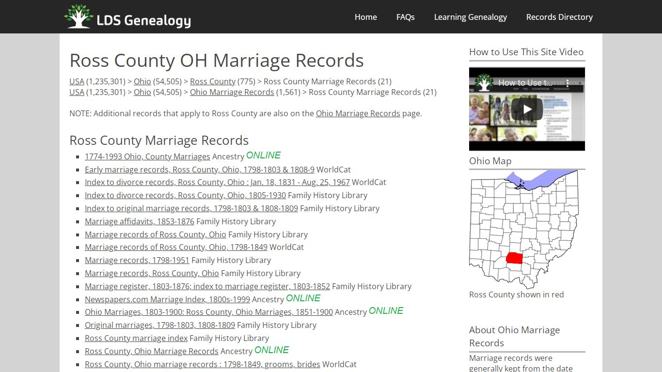 Ross County OH Marriage Records - LDS Genealogy