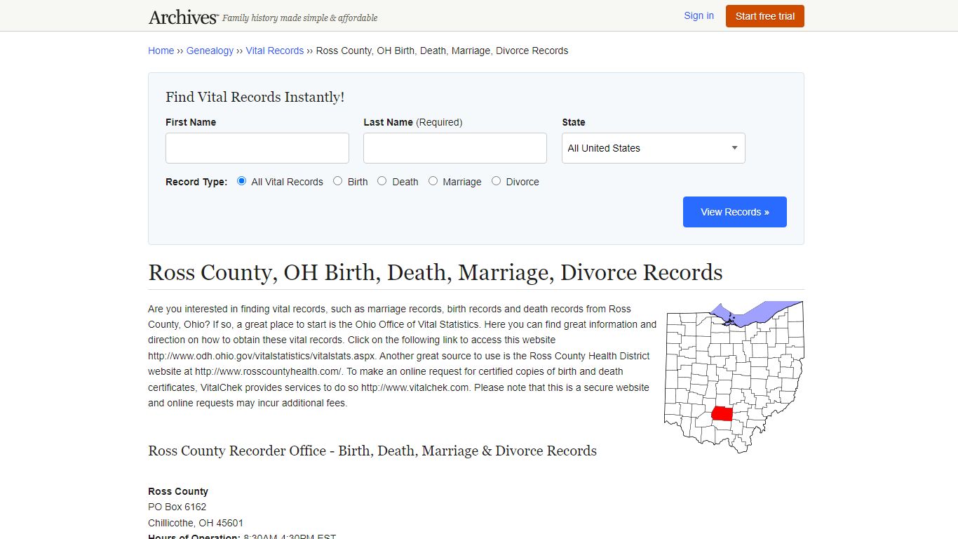 Ross County, OH Birth, Death, Marriage, Divorce Records